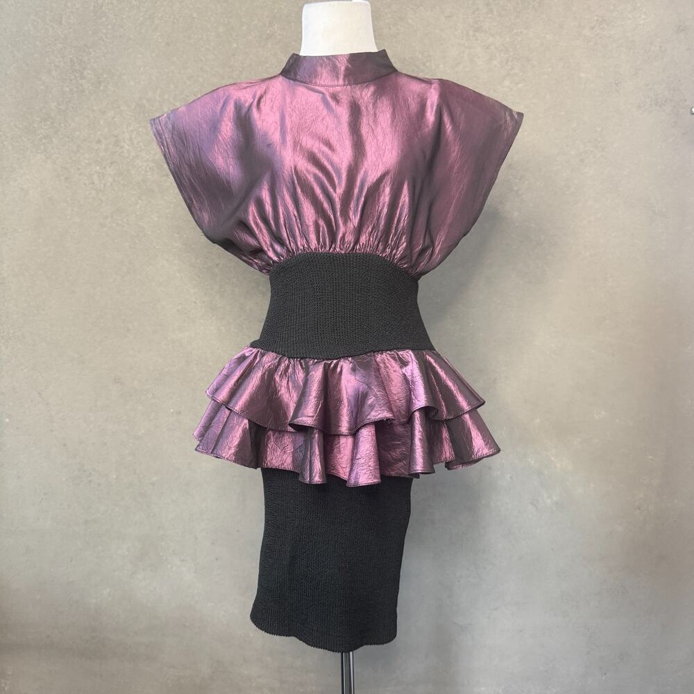 Vintage 80s Metallic Peplum Dress Size 14